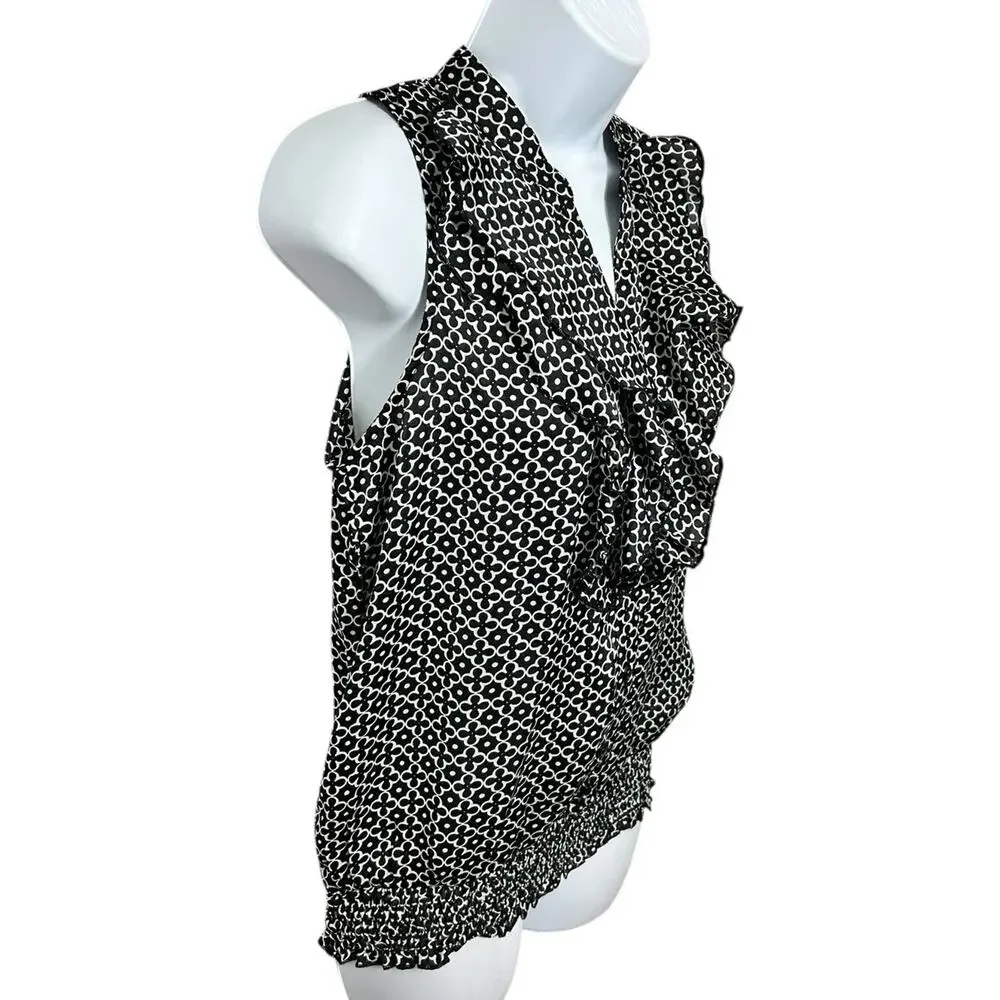 Jules & Leopold Black White Floral Blouse Sz S V-Neck Sleeveless Top Ruffle - Picture 3 of 6